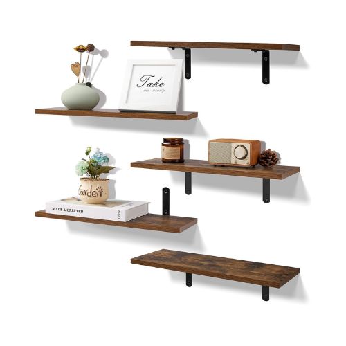 upsimples Floating Shelves for Wall Decor Storage, Dark Brown Wall Mounted Shelves Set of 5