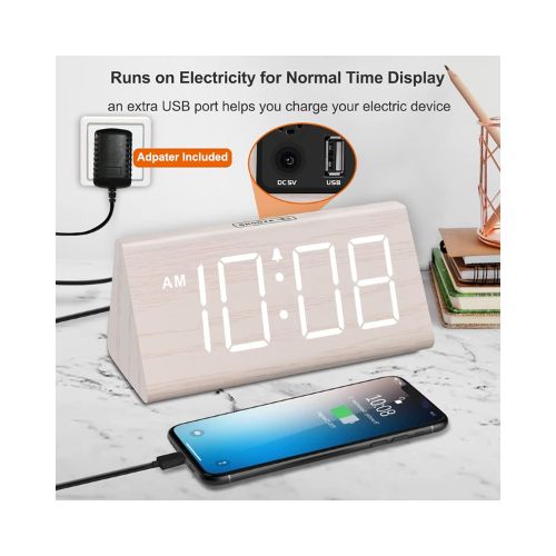 DreamSky Wooden Digital Alarm Clocks for Bedrooms - Electric Desk Clock with Large Numbers, USB Port, Battery Backup